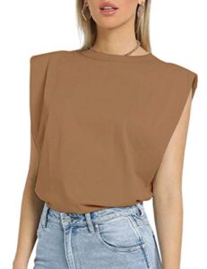 missactiver women summer loose slim tank top solid cotton sleeveless vest round neck cami shoulder pads t-shirts (medium, khaki)