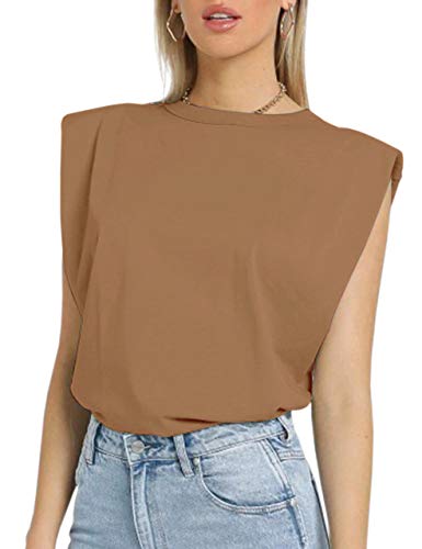 MISSACTIVER Women Summer Loose Slim Tank Top Solid Cotton Sleeveless Vest Round Neck Cami Shoulder Pads T-Shirts (Medium, Khaki)