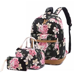 lmeison backpack and lunch bag set for girls college backpack floral bookbag for girls backpack with lunch box kawaii backpack travel backpacks for women teens school bag aesthetic, black