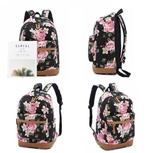 Lmeison Backpack and Lunch Bag Set for Girls College Backpack Floral Bookbag for Girls Backpack with Lunch Box Kawaii Backpack Travel Backpacks for Women Teens School Bag Aesthetic, Black