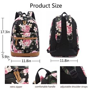 Lmeison Backpack and Lunch Bag Set for Girls College Backpack Floral Bookbag for Girls Backpack with Lunch Box Kawaii Backpack Travel Backpacks for Women Teens School Bag Aesthetic, Black