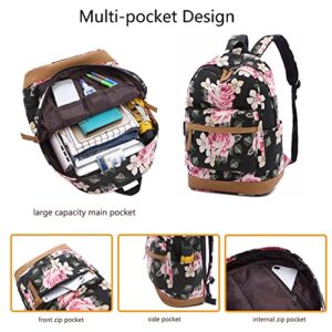 Lmeison Backpack and Lunch Bag Set for Girls College Backpack Floral Bookbag for Girls Backpack with Lunch Box Kawaii Backpack Travel Backpacks for Women Teens School Bag Aesthetic, Black