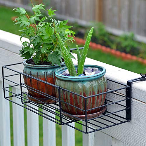 Adjustable Flower Pot Rack Holder Plant Stand - Expands 14"-27" to accomodate Multiple flowerpots, Hanger Hooks fit Almost Any Balcony, Fence or Deck Railing up to 6" Wide - Steel Black