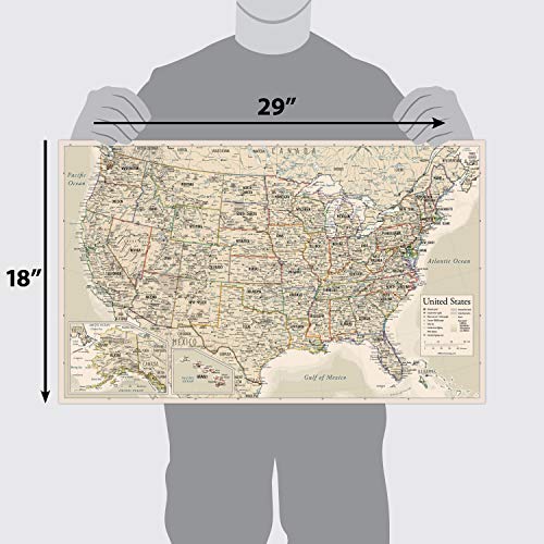 Antique Style USA Map - Wall Chart Map of The United States of America - Made in The USA - Updated (LAMINATED, 18" x 29")