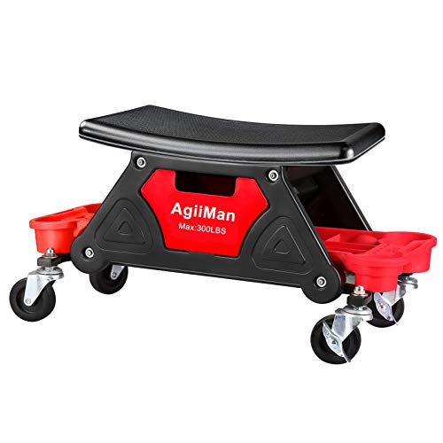 AgiiMan Mechanic Stool - Detailing Garage Rolling Stool with Wheels, Roller Creeper Seat Chair Repair Tools Tray, 2 Tool Storage Drawers Under Seat, 300 Lbs Capacity