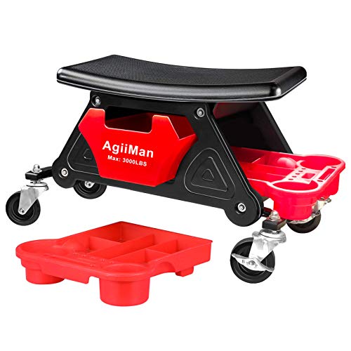 AgiiMan Mechanic Stool - Detailing Garage Rolling Stool with Wheels, Roller Creeper Seat Chair Repair Tools Tray, 2 Tool Storage Drawers Under Seat, 300 Lbs Capacity