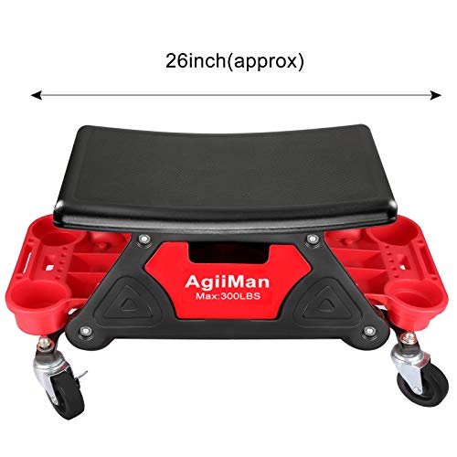 AgiiMan Mechanic Stool - Detailing Garage Rolling Stool with Wheels, Roller Creeper Seat Chair Repair Tools Tray, 2 Tool Storage Drawers Under Seat, 300 Lbs Capacity