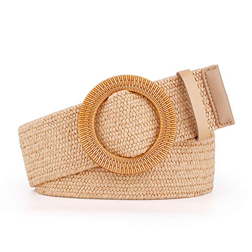 Women Belts For Dresses, Elastic Straw Rattan Waist Band With Large Buckle