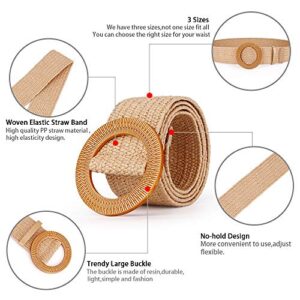 Women Belts For Dresses, Elastic Straw Rattan Waist Band With Large Buckle