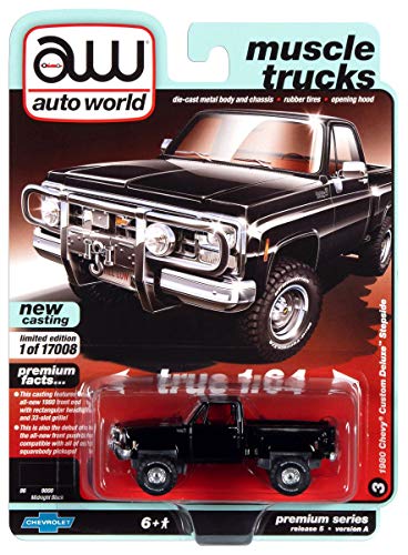 Auto World 1980 Chevrolet Custom Deluxe 10 Step Side Truck Gloss Black & Front Push Bar 1:64 Scale Die-Cast Model Car