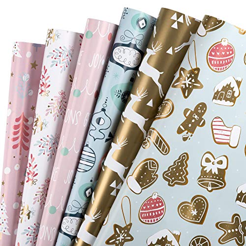 WRAPAHOLIC Wrapping Paper Sheet - Reindeer and Christmas Tree Design, Perfect for Christmas, Holiday, Baby Shower - 1 Roll Contains 6 Sheets - 17.5 inch X 30 inch Per Sheet