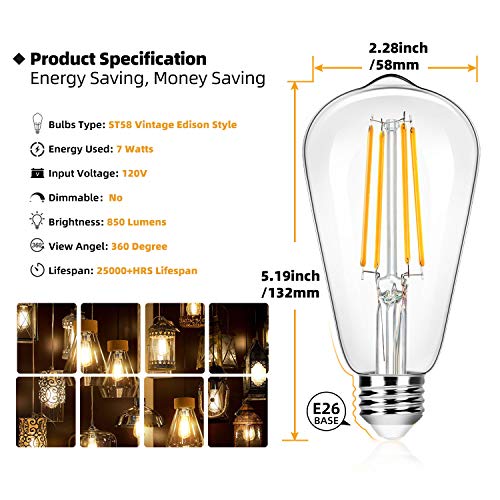 12-Pack Vintage 7W ST58 LED Edison Light Bulbs 60W Equivalent, 850Lumens, 3000K Soft Warm White, E26 Base LED Filament Bulbs, CRI90+, Antique Glass Style Great for Home, Bedroom, Office, Non-Dimmable