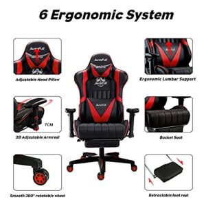 AutoFull C3 Gaming Chair Office Chair Ergonomic Computer Gaming Chair PU Leather with Headrest and Lumbar Support High Back Adjustable Racing Gaming Chair with Footrest(Red)