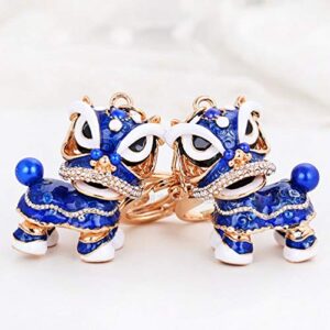 NUOBESTY Car Key Holder Head Chinese Lion Keychain Rhinestone Key Ring Key Chain Charms Key Fob Holder for Handbag Decoration Blue Backpack Keychain