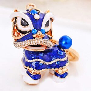 NUOBESTY Car Key Holder Head Chinese Lion Keychain Rhinestone Key Ring Key Chain Charms Key Fob Holder for Handbag Decoration Blue Backpack Keychain