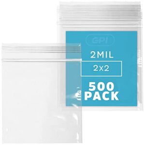 clear plastic reclosable zip bags - bulk gpi pack of 500 2" x 2" 2 mil thick strong & durable poly baggies with resealable zip top lock for travel, storage, packaging & shipping.