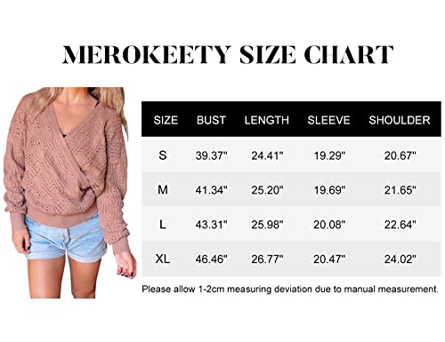 MEROKEETY Womens Deep V Neck Wrap Sweaters Long Sleeve Crochet Knit Pullover Tops, Black, Large