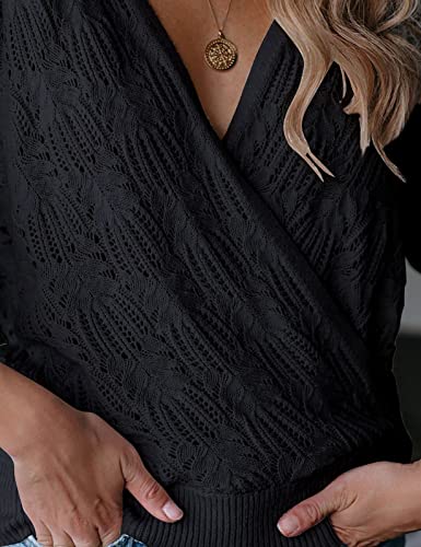 MEROKEETY Womens Deep V Neck Wrap Sweaters Long Sleeve Crochet Knit Pullover Tops, Black, Large