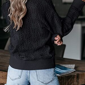 MEROKEETY Womens Deep V Neck Wrap Sweaters Long Sleeve Crochet Knit Pullover Tops, Black, Large