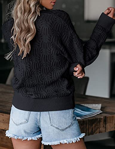 MEROKEETY Womens Deep V Neck Wrap Sweaters Long Sleeve Crochet Knit Pullover Tops, Black, Large