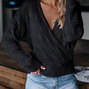 MEROKEETY Womens Deep V Neck Wrap Sweaters Long Sleeve Crochet Knit Pullover Tops, Black, Large