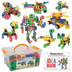 picassotiles 152 pieces building block set kid toy stem construction sensory toys gifts engineering kit educational w/idea book design guide, storage carry box, power drill, ratchet, age 3+ ptn152