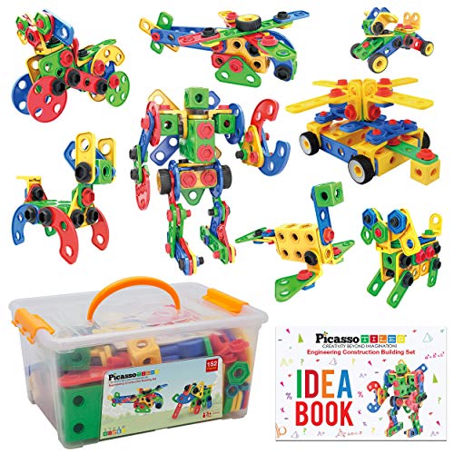 PicassoTiles 152 Pieces Building Block Set Kid Toy STEM Construction Sensory Toys Gifts Engineering Kit Educational w/Idea Book Design Guide, Storage Carry Box, Power Drill, Ratchet, Age 3+ PTN152