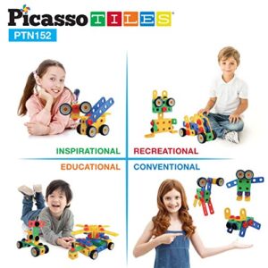 PicassoTiles 152 Pieces Building Block Set Kid Toy STEM Construction Sensory Toys Gifts Engineering Kit Educational w/Idea Book Design Guide, Storage Carry Box, Power Drill, Ratchet, Age 3+ PTN152