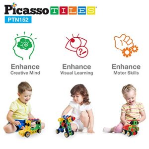 PicassoTiles 152 Pieces Building Block Set Kid Toy STEM Construction Sensory Toys Gifts Engineering Kit Educational w/Idea Book Design Guide, Storage Carry Box, Power Drill, Ratchet, Age 3+ PTN152