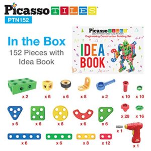 PicassoTiles 152 Pieces Building Block Set Kid Toy STEM Construction Sensory Toys Gifts Engineering Kit Educational w/Idea Book Design Guide, Storage Carry Box, Power Drill, Ratchet, Age 3+ PTN152