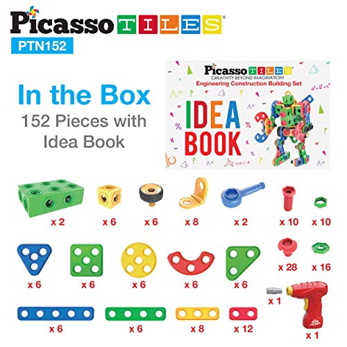 PicassoTiles 152 Pieces Building Block Set Kid Toy STEM Construction Sensory Toys Gifts Engineering Kit Educational w/Idea Book Design Guide, Storage Carry Box, Power Drill, Ratchet, Age 3+ PTN152