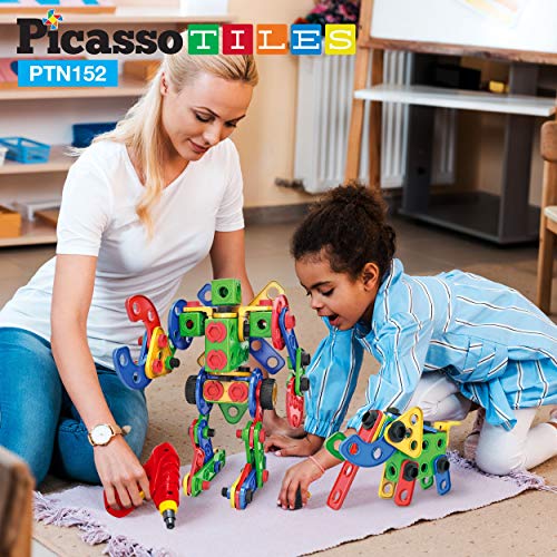 PicassoTiles 152 Pieces Building Block Set Kid Toy STEM Construction Sensory Toys Gifts Engineering Kit Educational w/Idea Book Design Guide, Storage Carry Box, Power Drill, Ratchet, Age 3+ PTN152