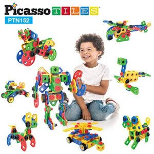 PicassoTiles 152 Pieces Building Block Set Kid Toy STEM Construction Sensory Toys Gifts Engineering Kit Educational w/Idea Book Design Guide, Storage Carry Box, Power Drill, Ratchet, Age 3+ PTN152