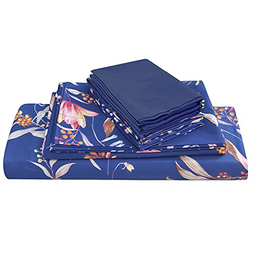 JSD Navy Blue Floral Printed Sheet Set King 6 Piece, Soft Microfiber Botanical Pattern Bed Sheets Extra Deep Pocket