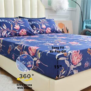 JSD Navy Blue Floral Printed Sheet Set King 6 Piece, Soft Microfiber Botanical Pattern Bed Sheets Extra Deep Pocket