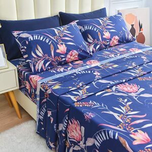 JSD Navy Blue Floral Printed Sheet Set King 6 Piece, Soft Microfiber Botanical Pattern Bed Sheets Extra Deep Pocket