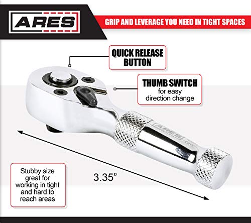 ARES 42035-1/4-Inch Drive 72-Tooth Stubby Ratchet - Chrome Vanadium Steel Construction and Mirror Polish Finish - 3.35-Inch Length - Quick Release Reversible Head