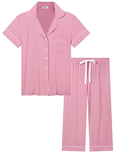 Joyaria Bamboo Pajamas for Women Cooling Capri Pj Sets Short Sleeve(Dusty Pink,Large)