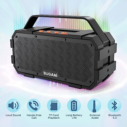 BUGANI Bluetooth Speaker, Portable Bluetooth Speakers with 40W Stereo Sound, Loud Bluetooth Speaker 24H Playtime Support TF Card/AUX, IPX6 Waterproof for Beach Camping Outdoor Indoor