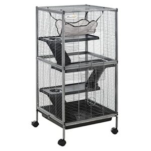 pawhut metal small animal cage rolling big ferret cage, chinchilla cage, sugar glider cage, with hammock & 4 tiers, removable tray