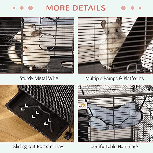 PawHut Metal Small Animal Cage Rolling Big Ferret Cage, Chinchilla Cage, Sugar Glider Cage, with Hammock & 4 Tiers, Removable Tray