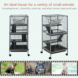 PawHut Metal Small Animal Cage Rolling Big Ferret Cage, Chinchilla Cage, Sugar Glider Cage, with Hammock & 4 Tiers, Removable Tray