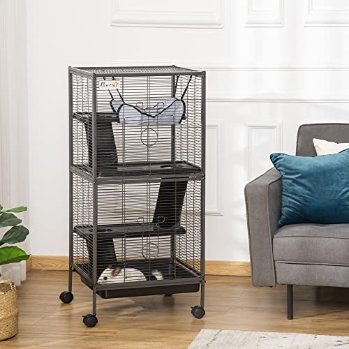 PawHut Metal Small Animal Cage Rolling Big Ferret Cage, Chinchilla Cage, Sugar Glider Cage, with Hammock & 4 Tiers, Removable Tray