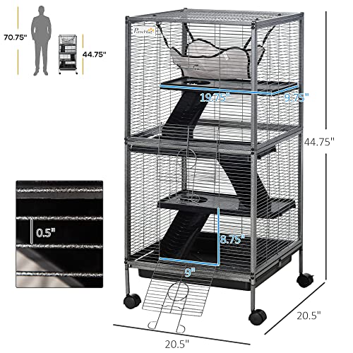 PawHut Metal Small Animal Cage Rolling Big Ferret Cage, Chinchilla Cage, Sugar Glider Cage, with Hammock & 4 Tiers, Removable Tray