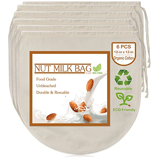 6 PCS 12"x12" Nut Milk Bags - 100% Unbleached Cotton Cheesecloth, Reusable Food Strainer Colander For Straining Almond/Oat Milk, Celery Juice, Cold Brew Coffee, Yogurt and Cheese Making