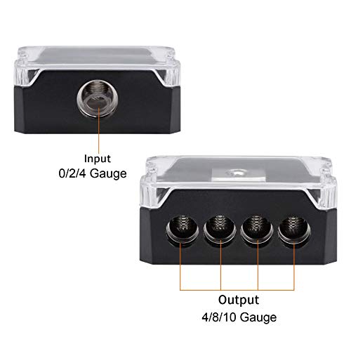 VonSom 4 Way Power Distribution Block, 1x 0/2/4 AWG Gauge in / 4X 4/8/10 Gauge Out Amp Power Distribution Ground Distributor Connecting Block for Car Amplifier Audio Splitter 2 Pack
