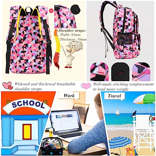 Geometric-Print Backpack and Lunch-Bag Set for Girls-Boys Middle-School Elementary Bookbags, 3Pcs School Bag with Lunch Bag Pencil Case