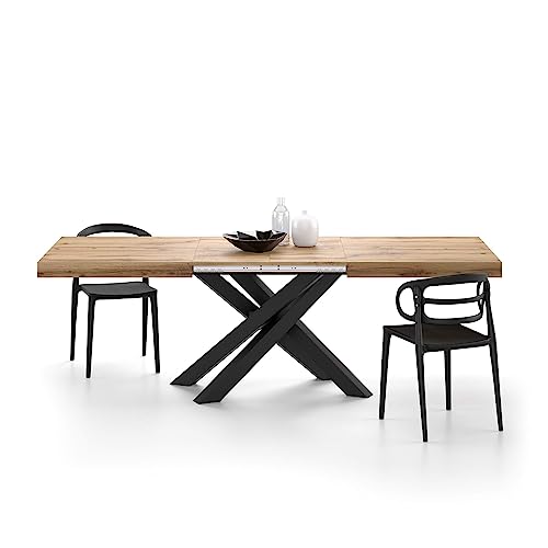 Mobili Fiver, Emma 160 Extendable Dining Table, Rustic Oak with Black Crossed Legs, Laminate-Finished/Iron, Made in Italy