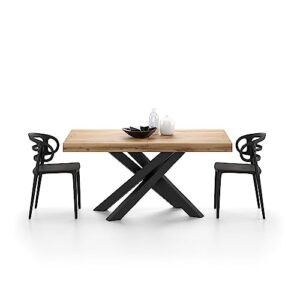 Mobili Fiver, Emma 160 Extendable Dining Table, Rustic Oak with Black Crossed Legs, Laminate-Finished/Iron, Made in Italy