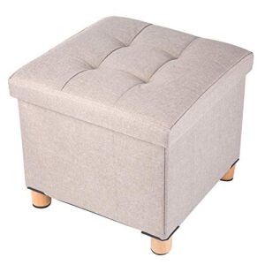 brian & dany foldable storage ottoman footrest and seat cube with wooden feet and lid, khaki 15” x15” x14.7”